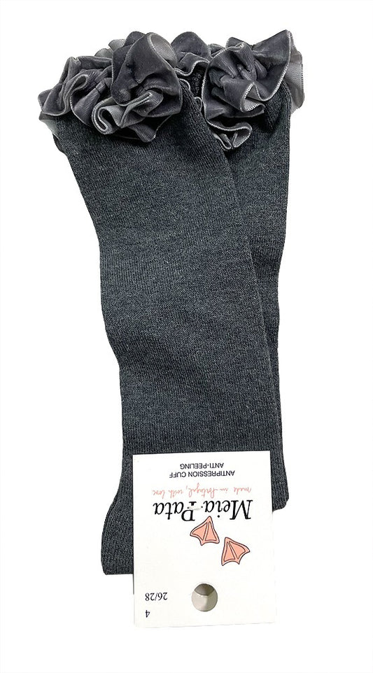 Meia Pata Girls Knee High Socks - Velvet Ruffle at Top - Dark Grey