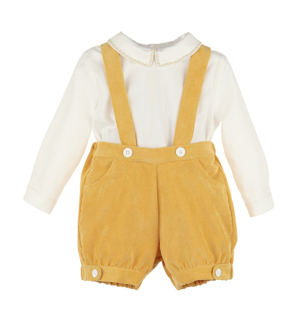 Luli & Me Boys Mustard Yellow Suspender Shorts Set with Shirt