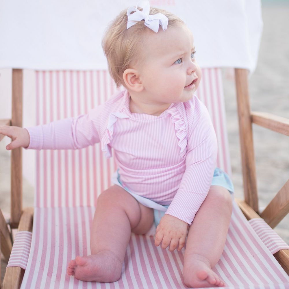 James & Lottie Girls Charlotte Rash Guard Swim Set - Pink Stripe Top with Flamingo Print Ruffle Bottoms