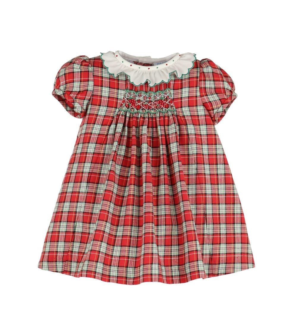 Luli & Me Girls Red Holiday Scottish Tartan Smocked Dress - Ruffle Collar