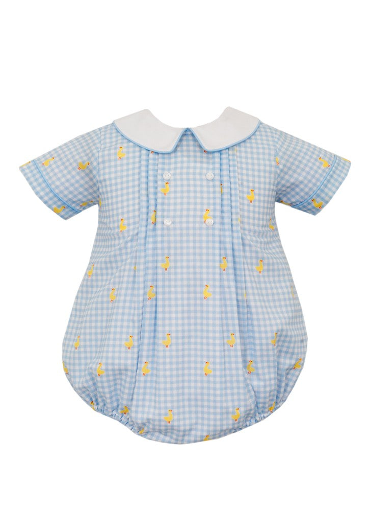 Anavini Baby Boys Blue Check Easter Ducks Print Bubble - White Collar