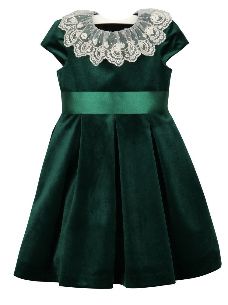 Luli & Me Girls Luxe Velvet Holiday Dress - Lace Collar - Ribbon Sash - Green