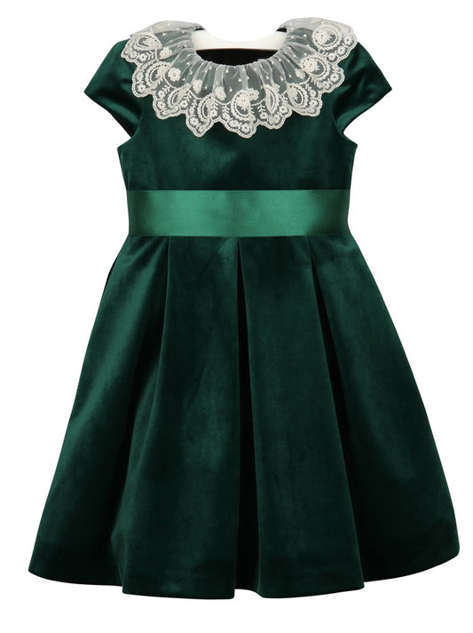 Luli & Me Girls Luxe Velvet Holiday Dress - Lace Collar - Ribbon Sash - Green