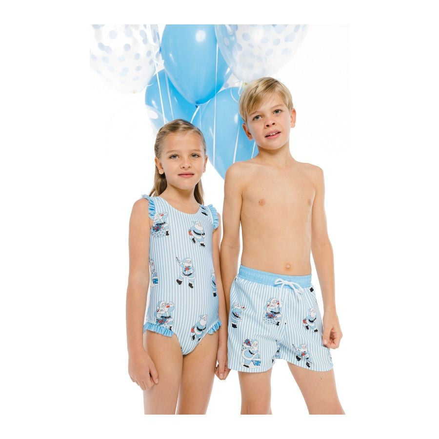 Sal & Pimenta Boys Swim Trunks - Santa on Blue Stripes