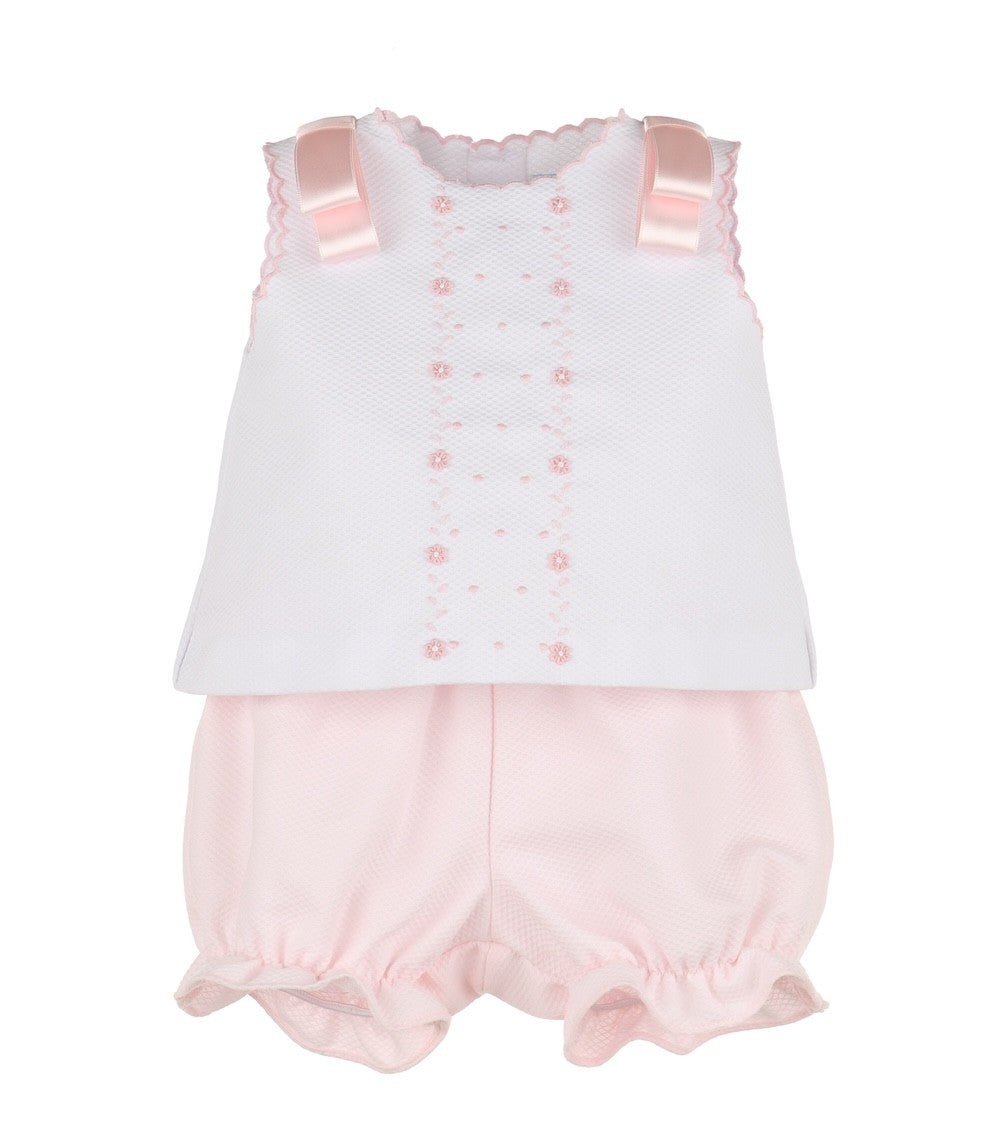 Luli & Me Baby Girls Pique Embroidered Bloomers Set - Bows on Shoulders - Pink