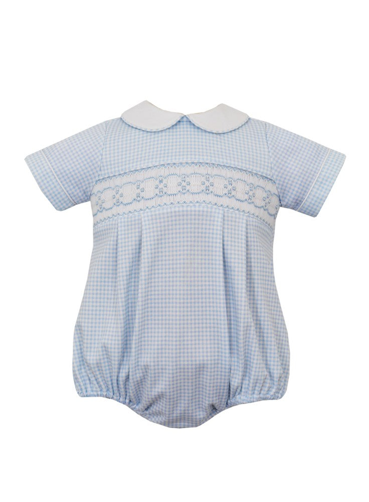 Petit Bebe Knits Baby Boys Light Blue Gingham Bubble - Smocked - White Collar by Petit Bebe
