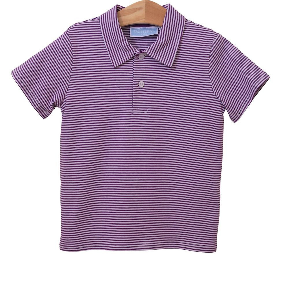 Trotter Street Kids Boys Henry Game Day Polo Shirt - Purple Stripes - LSU - TCU