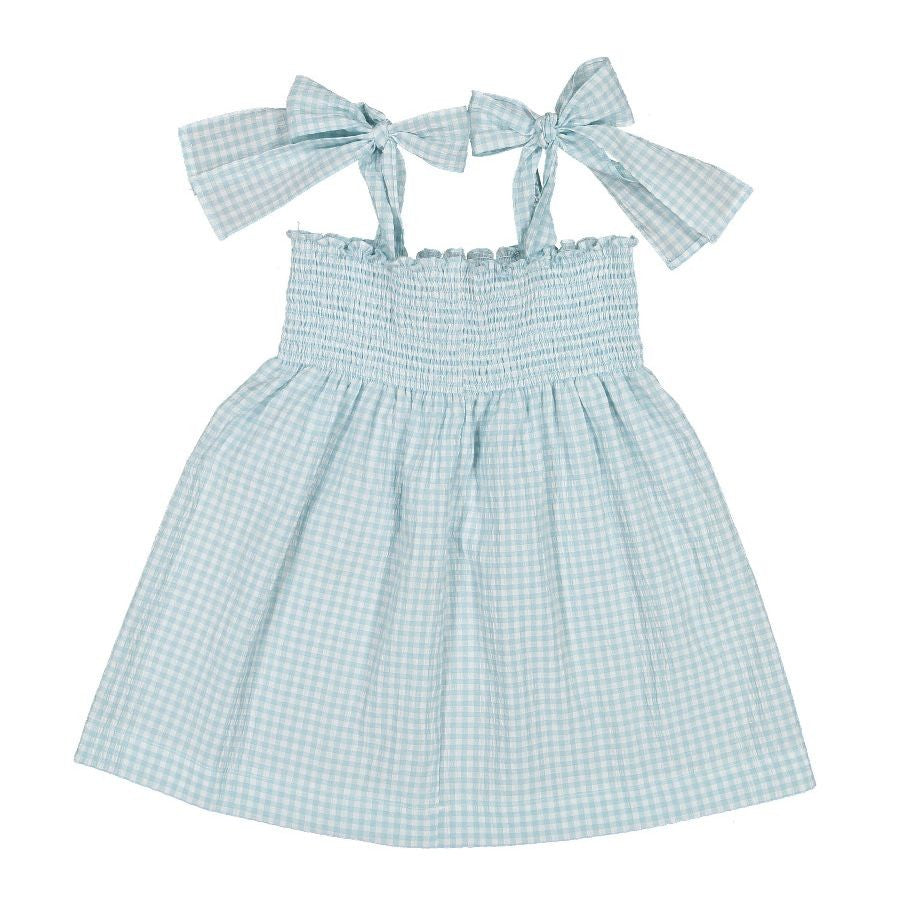 Sal & Pimenta Girls Smocked Dress with Ties - Capri Blue Gingham