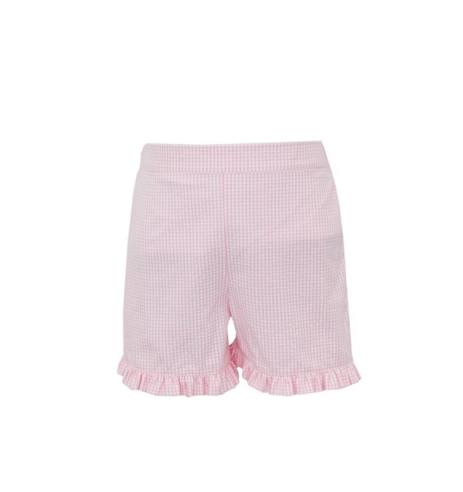 Claire & Charlie Girls Ruffle Shorts - Pink Gingham Seersucker