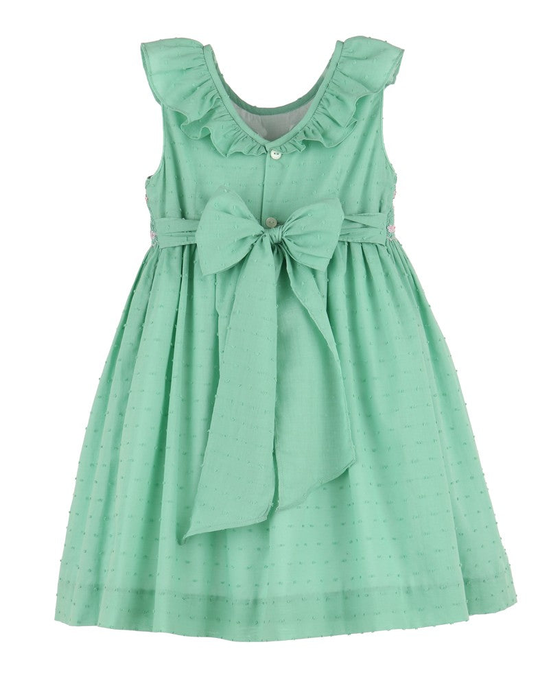 Luli & Me Girls Classic Dotted Swiss Sleeveless Smocked Dress - Ruffle Neck - Aqua