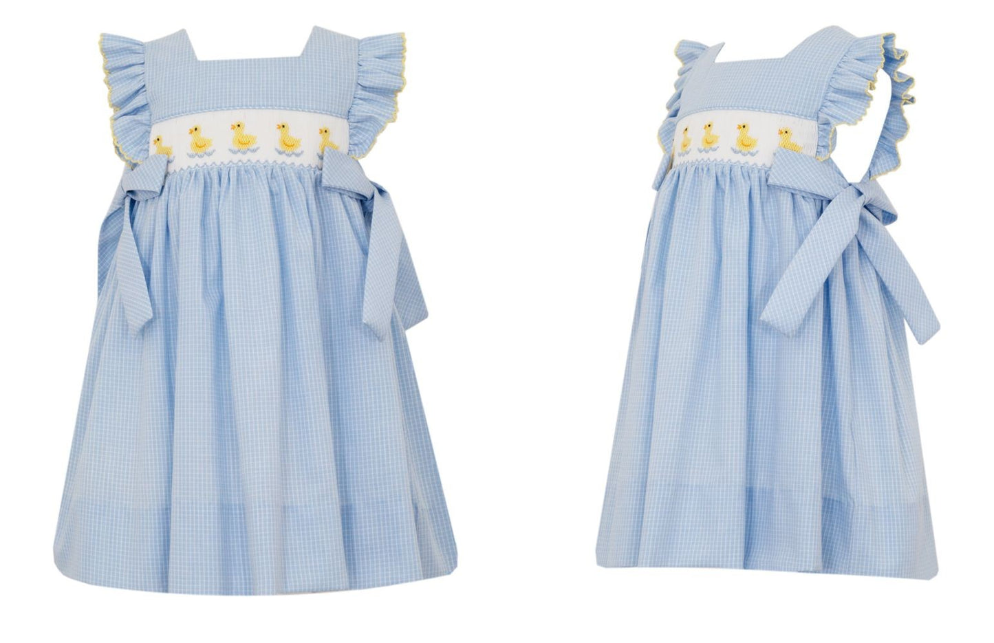 Petit Bebe Girls Blue Check Dress with Side Bows - Smocked Ducks
