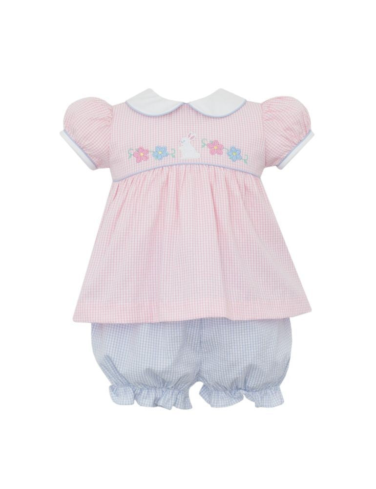 Claire & Charlie Girls Pink & Blue Gingham Seersucker Bloomers Set - Bunny Garden by Claire & Charlie