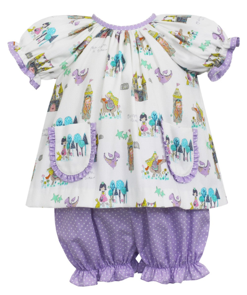 Petit Bebe Toddler Girls Purple Princess Print Bloomers Set with Pockets
