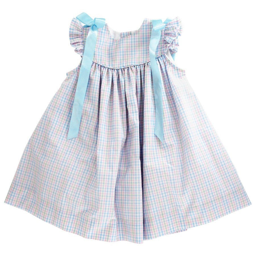 Bailey Boys Girls Float Dress - Primrose Plaid - Blue Bows at Shoulders