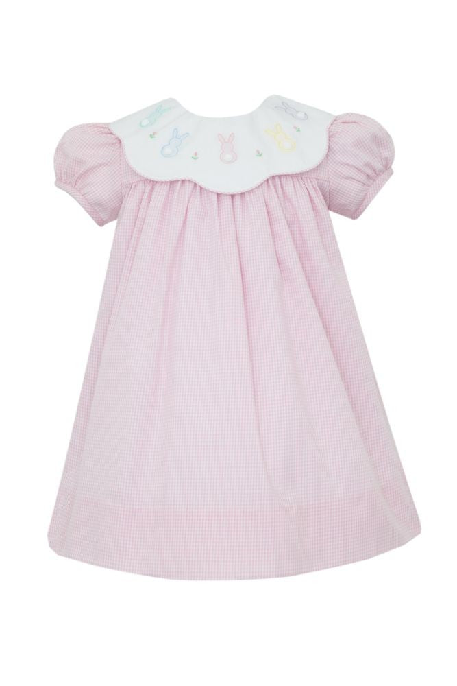 Anavini Girls Pink Gingham Dress - Shadow Stitch Bunnies Collar