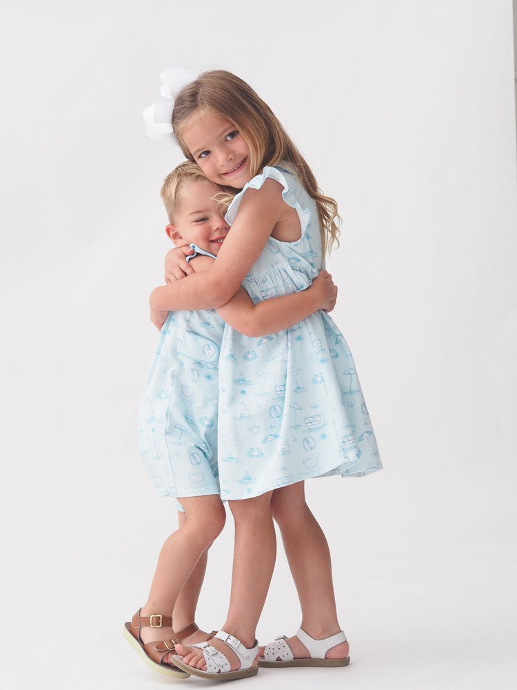 Cypress Row Girls Blue Dress - Seacrest Blue Beach Toile