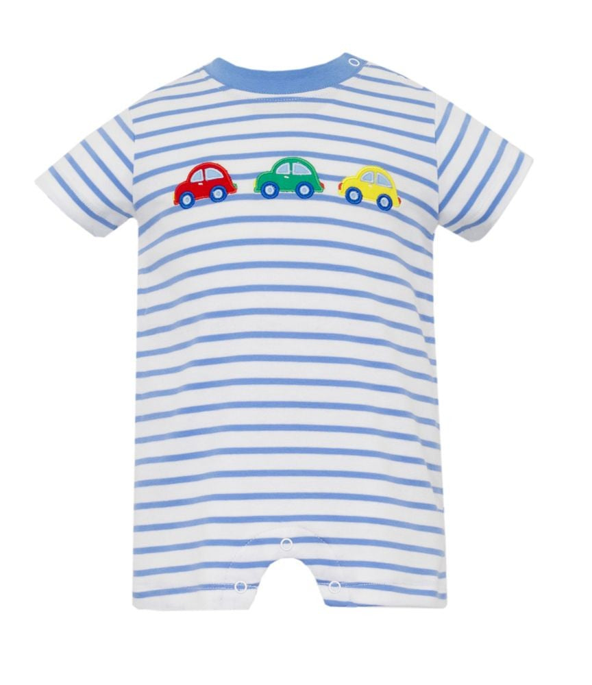 Claire & Charlie Baby Boys Periwinkle Blue Striped Cars Romper