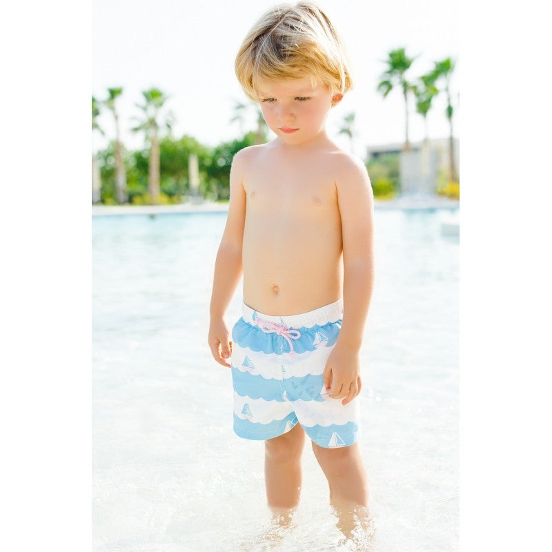 Sal & Pimenta Boys Swim Trunks - Light Blue Sailboats