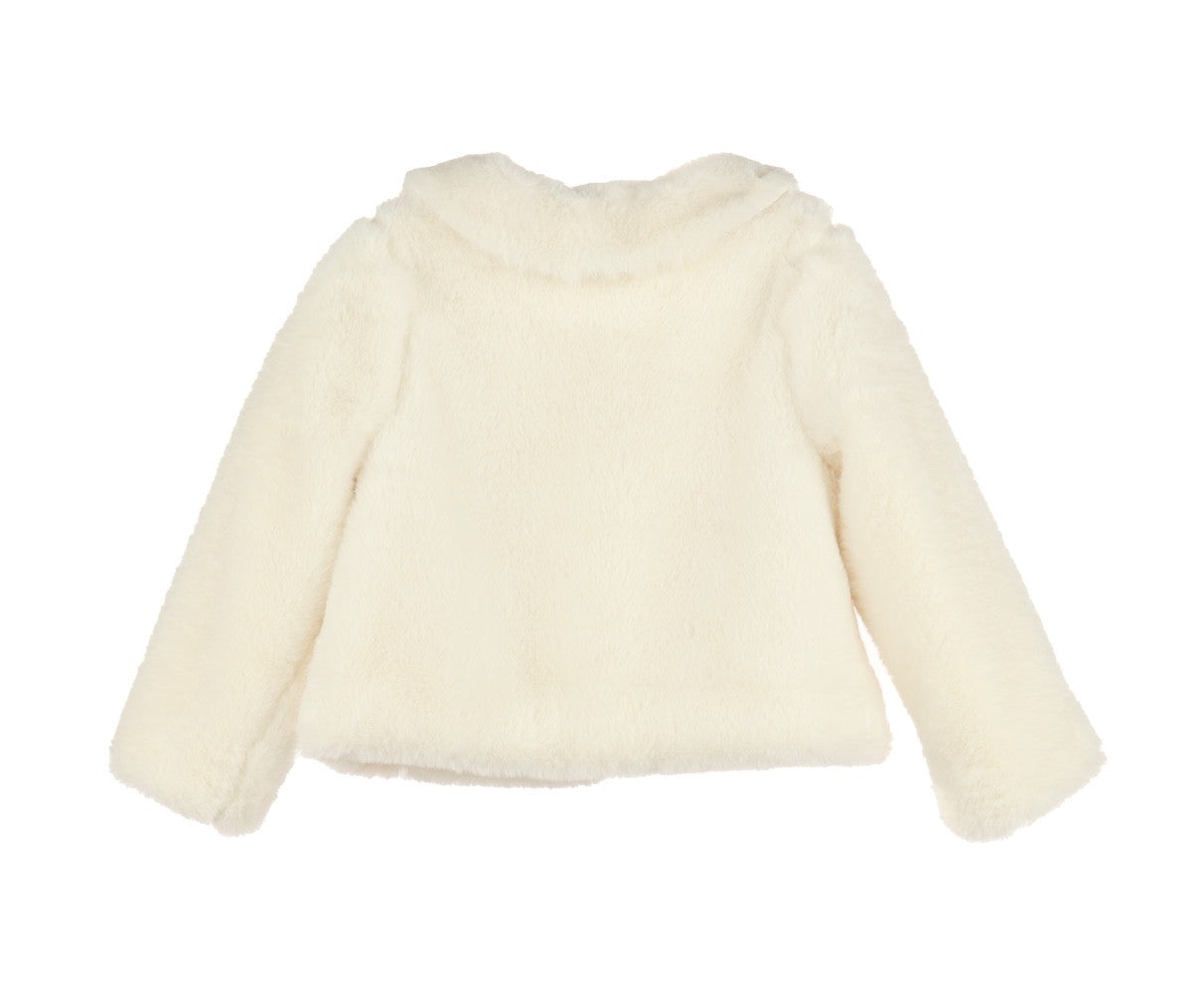 Luli & Me Girls Ivory Cozy Fuzzy Faux Fur Coat - Pom Poms