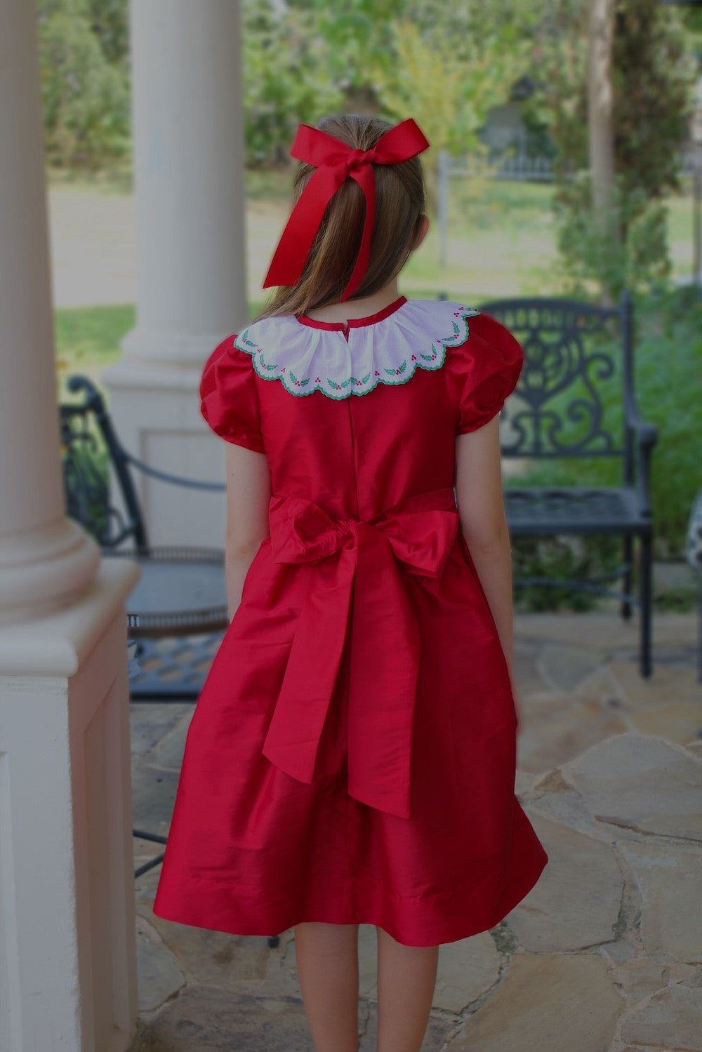 Susanne Lively Girls Christmas Dress - Embroidered Holly Collar - Red