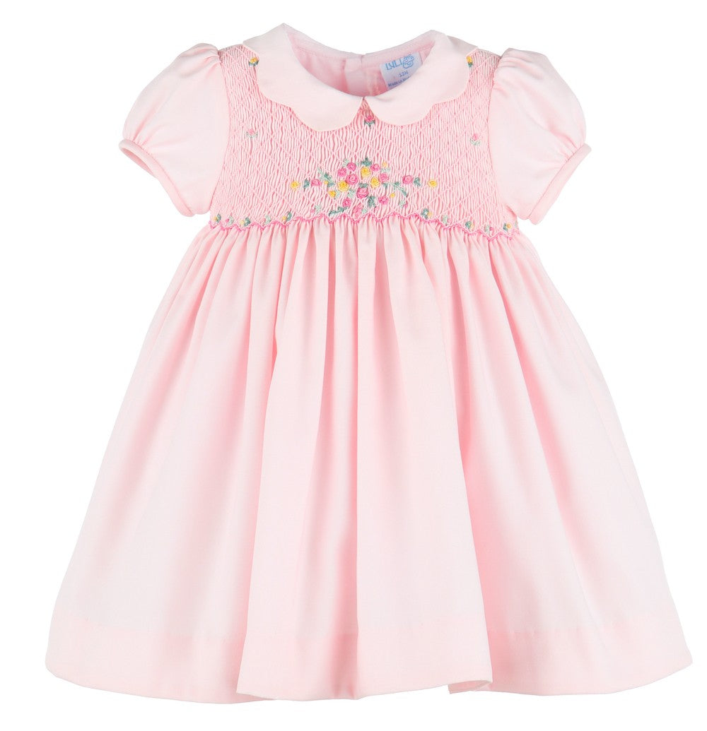 Luli & Me Girls Bouquet Smocked Dress - Scallop Collar - Pink