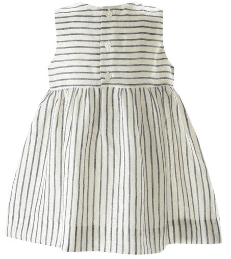 Rachel Riley London Baby Girls Stripe Linen Navy Blue Bow Dress with Bloomers