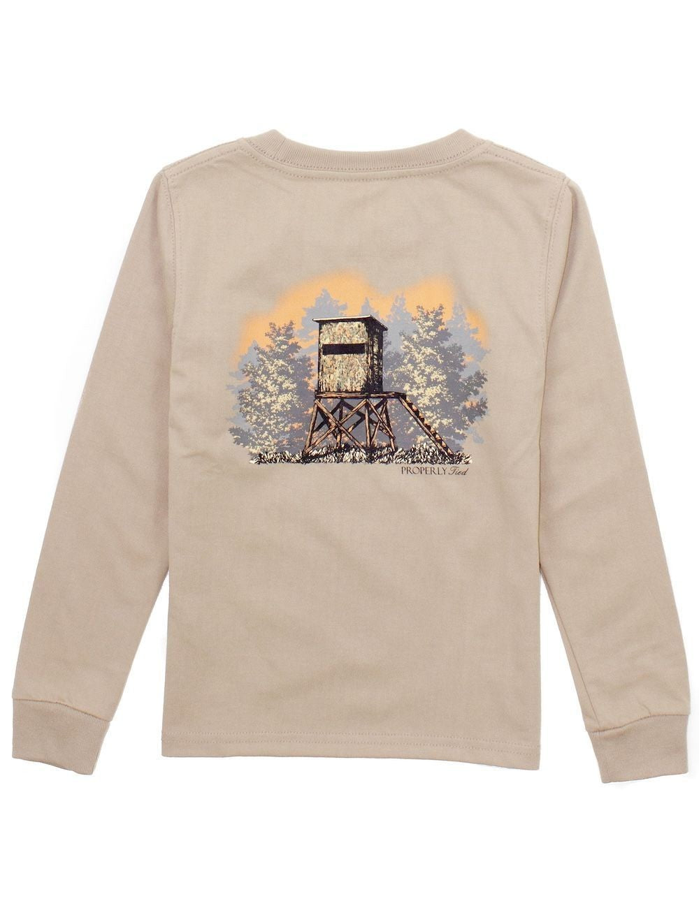 Properly Tied Boys Shirt - Logo Pocket on Front - Back Graphic - Deer Stand on Tan Sand