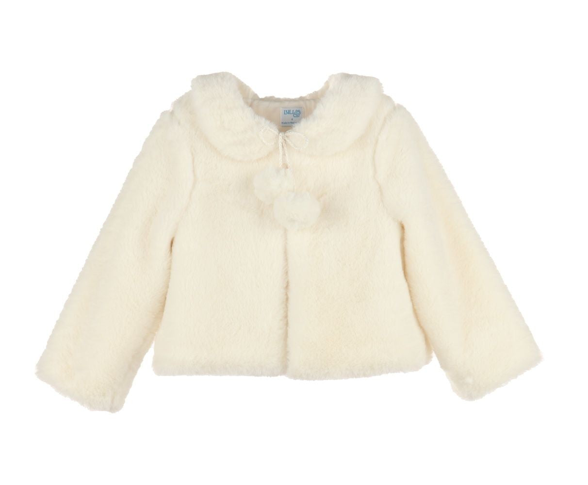 Luli & Me Girls Ivory Cozy Fuzzy Faux Fur Coat - Pom Poms