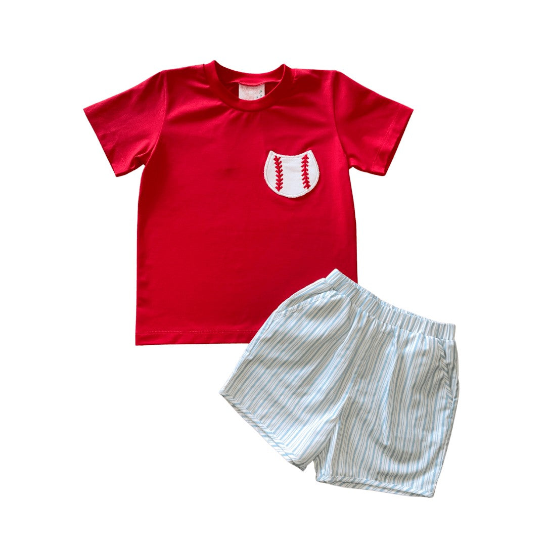 Whimsy Bay Kids Boys Red Take Me Out to the Baseball Ball Game Shorts Set
