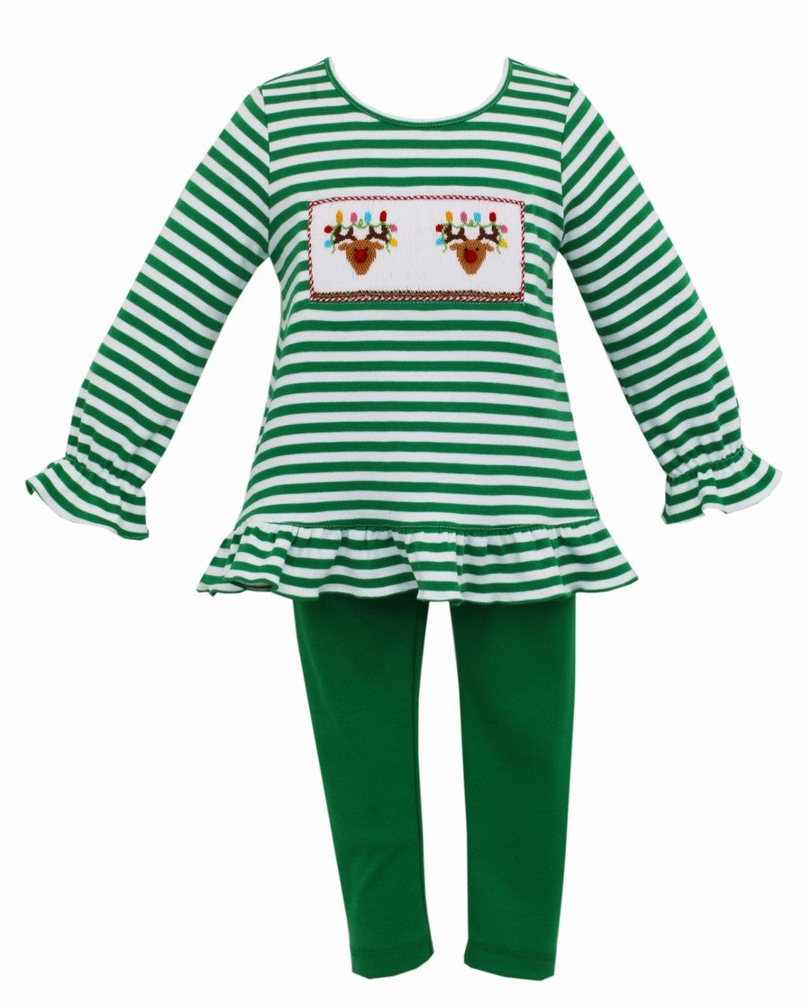 Anavini Velani Girls Green Stripe Knit Tunic with Leggings - Smocked Reindeer with Christmas Lights