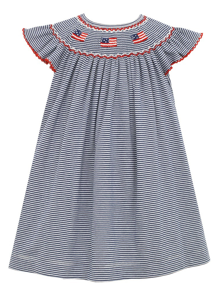 Petit Bebe Knits Baby / Toddler Girls Navy Blue Stripe Knit Dress - Smocked Flags - Bishop