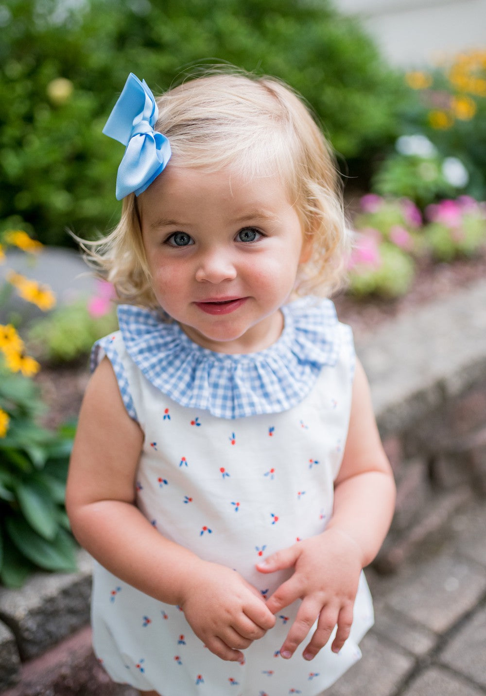 James & Lottie Girls Catherine Cherry Print Bubble - Blue Gingham Trim