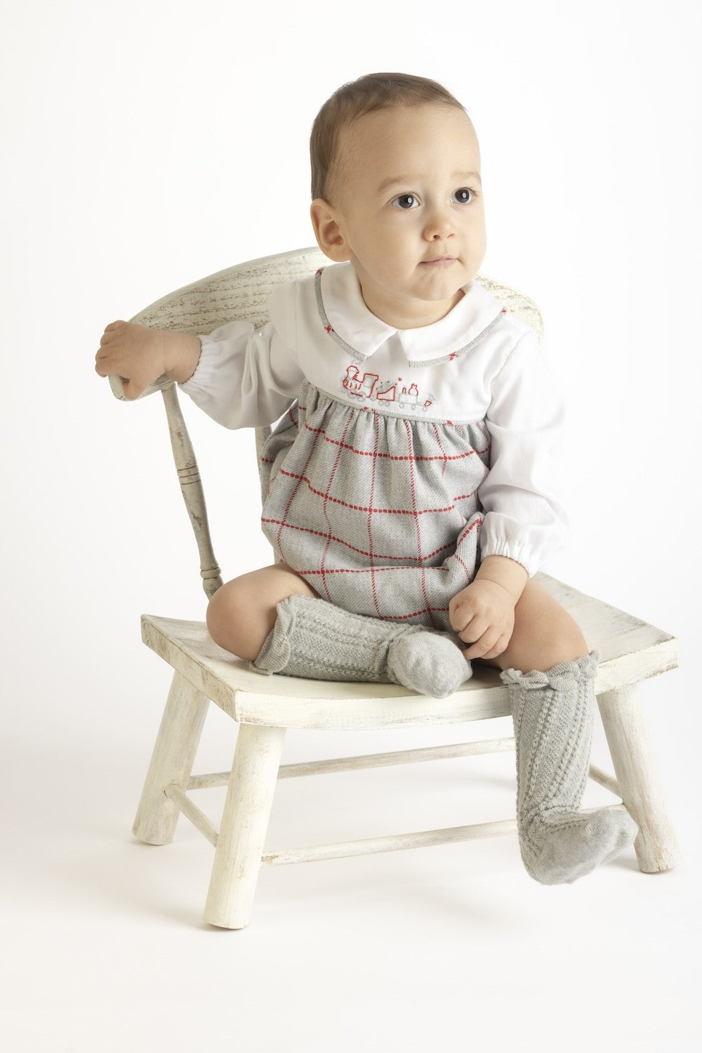 Sophie & Lucas Baby Boys Gray & Red Check Holiday Choo Choo Train Bubble by Sophie & Lucas
