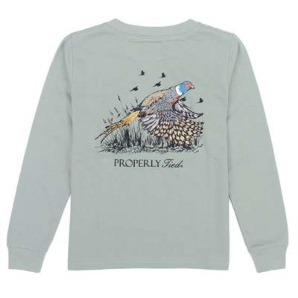 Properly Tied Tee Shirt - Logo Pocket - Back Graphic - Long Sleeves - Pheasant on Sage Green