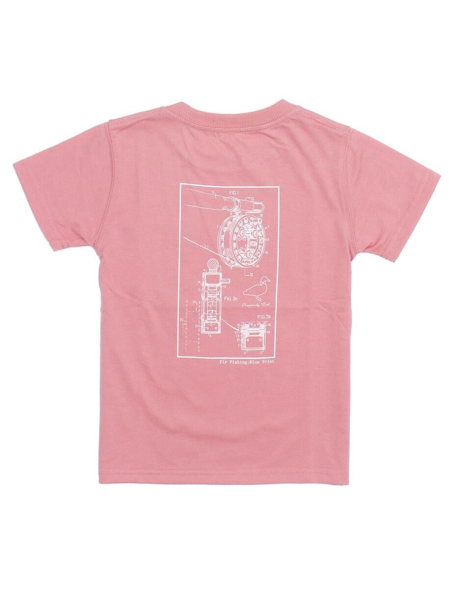 Properly Tied T-Shirt - Short Sleeves - Logo Pocket - Back Graphic - Fly Fishing Blueprint on Salmon