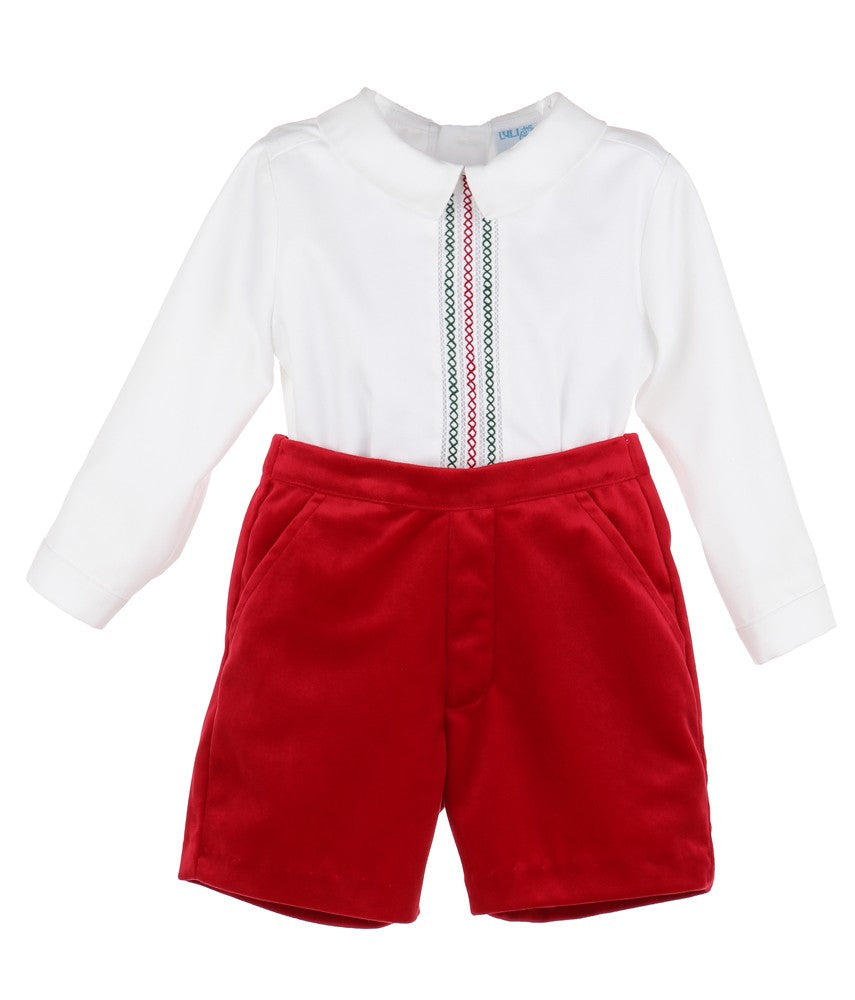 Luli & Me Boys Dressy Shorts Set with Holiday Embroidery - Velvet - Red