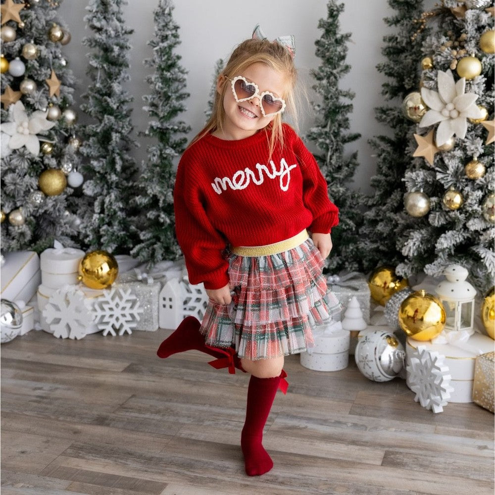 Sweet Wink Girls Red Yarn Knit Sweater - Script Merry