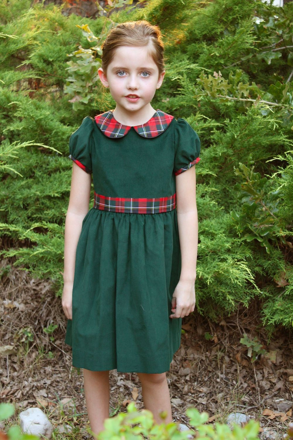 Susanne Lively Girls Green Corduroy Christmas Dress - Red Holiday Plaid Collar & Sash