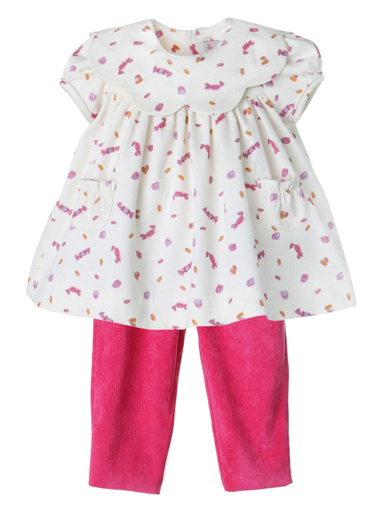 Sophie & Lucas Girls Fuchsia Pink Cord Pants with Corduroy Candy Print Scallop Top