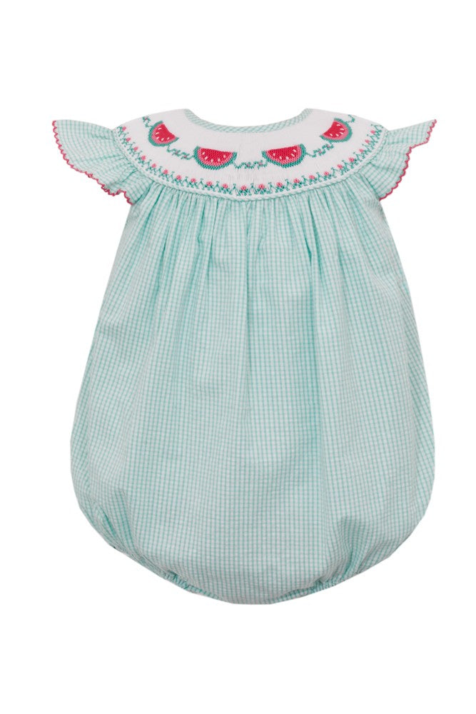 Anavini Baby Girls Aqua Check Seersucker Smocked Watermelon Bubble