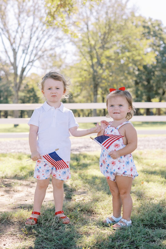 Proper Peony Pima Boys Red & Blue Patriotic Fireworks Shorts by Proper Peony