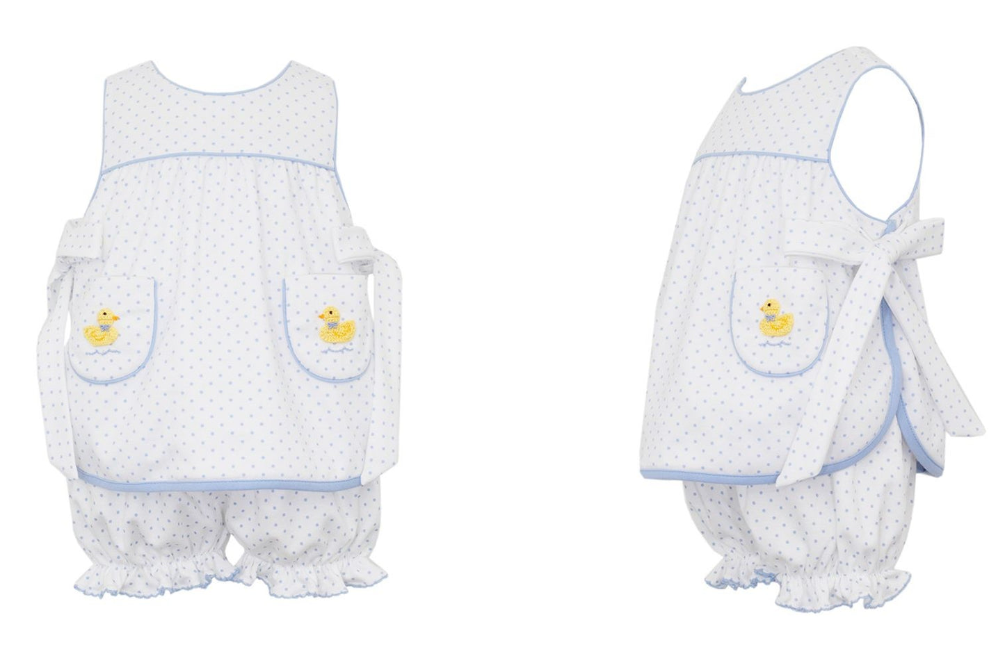Petit Bebe Knits Girls White / Blue Dots Ducks Bloomers Set - Side Bows