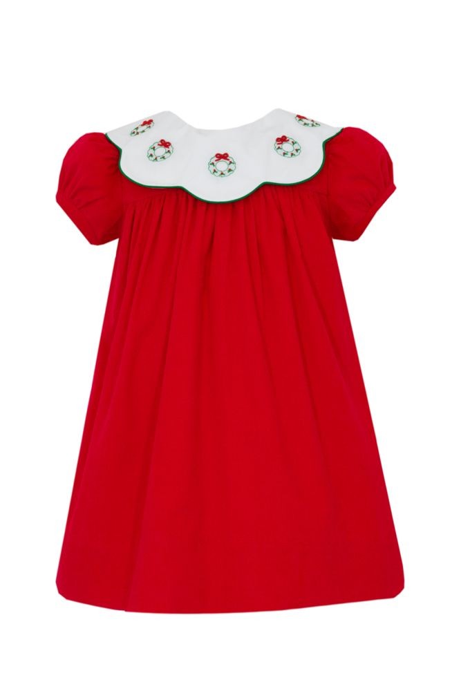 Anavini Girls Red Corduroy Dress - Embroidered Christmas Wreath on Scallop Collar