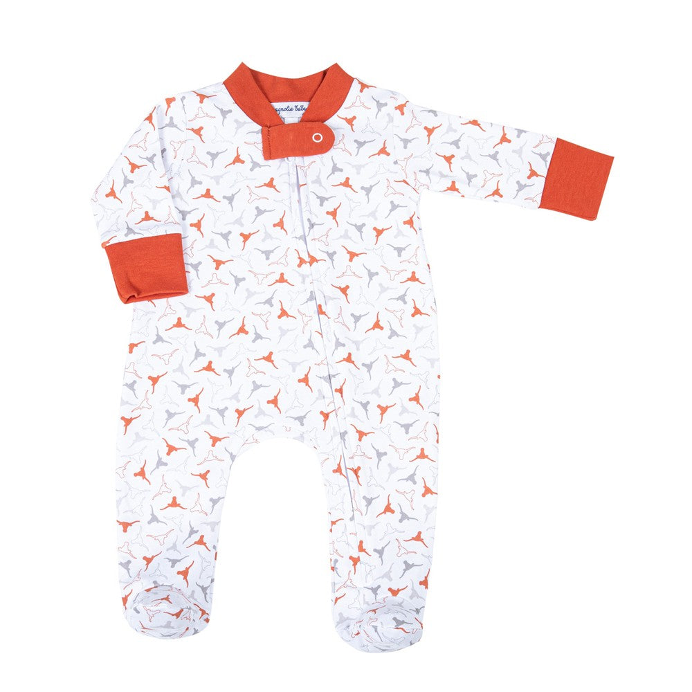 Magnolia Baby Lil' Texas Longhorn Orange Printed Zipper Footie