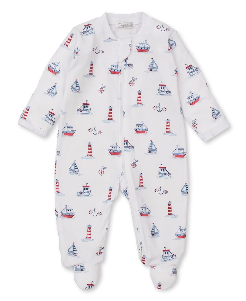 Kissy Kissy Baby Boys Blue Boats Seas the Day Zipper Footie