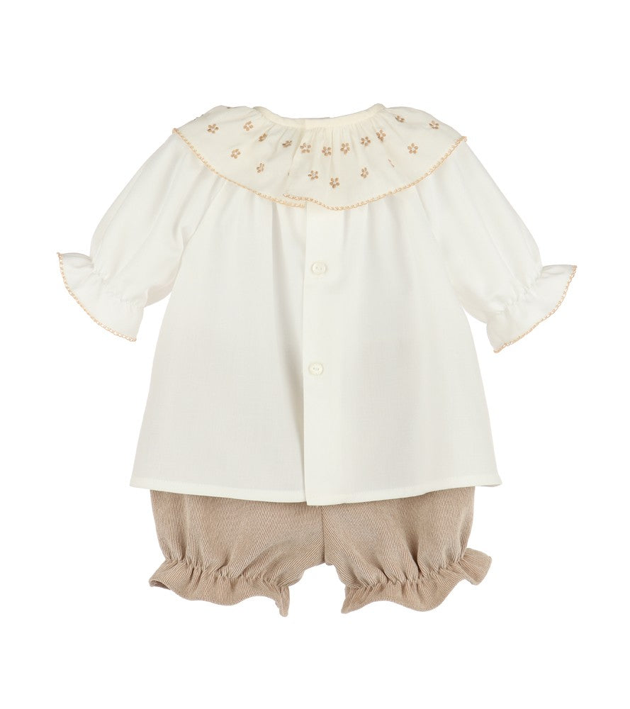 Luli & Me Girls Winterberry Cord Embroidered Bloomers Set - Tan