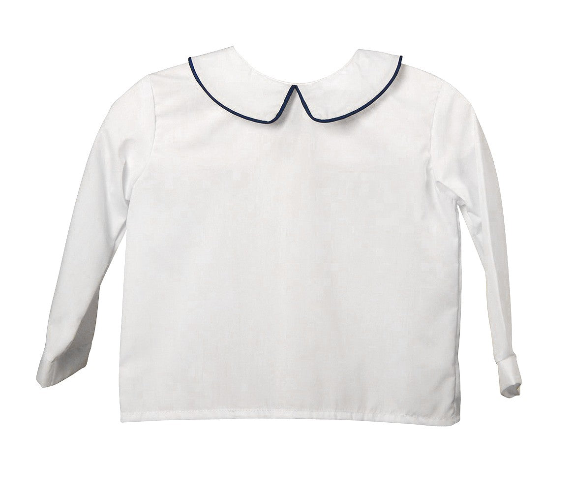 Funtasia Too Baby / Toddler Boys White Dress Shirt - Long Sleeves - Piped in Navy Blue