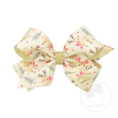 Wee Ones Girls Holiday Hair Bow - Ivory with Pink Reindeer