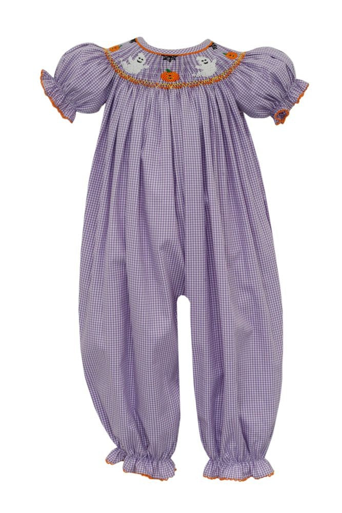 Petit Bebe Baby Girls Purple Gingham Smocked Halloween Ghost Romper by Petit Bebe