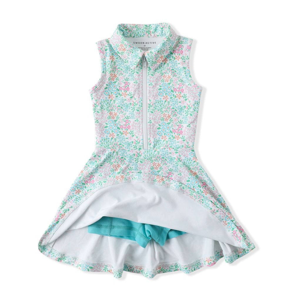 Swoon Baby Girls Active Athleisure Tennis Dress - Aqua Ditsy Floral